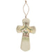 White stoneware cross with raised manger scene and twine hanger