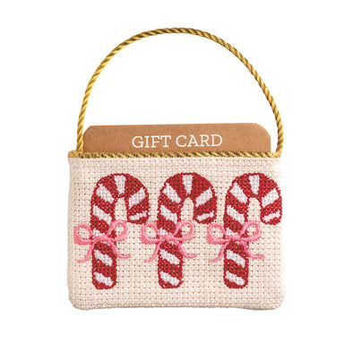 Needlepoint gift card pouch with candy cane design
