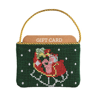 Needlepoint gift card pouch with sleigh design