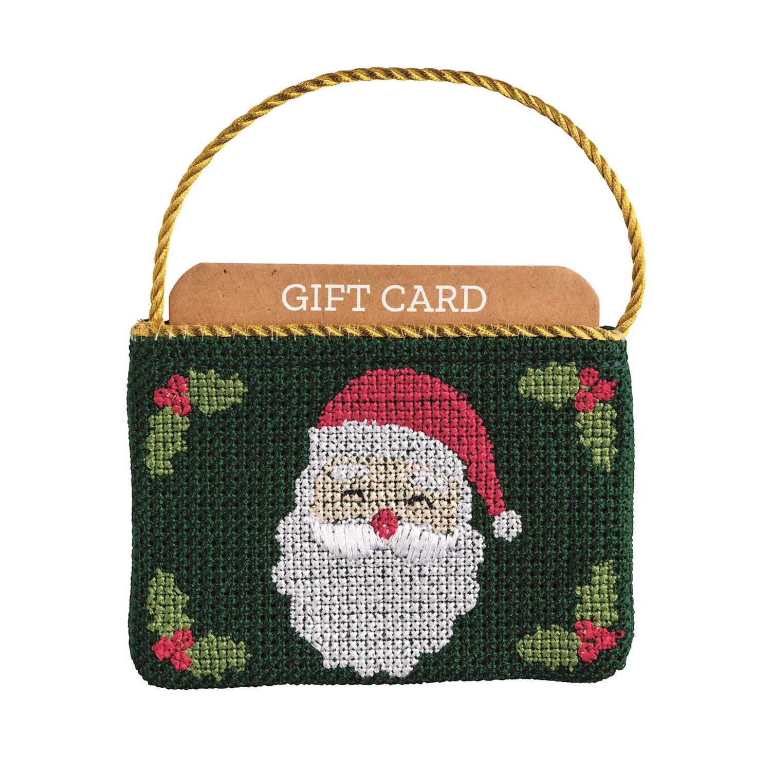 Needlepoint gift card pouch with Santa design