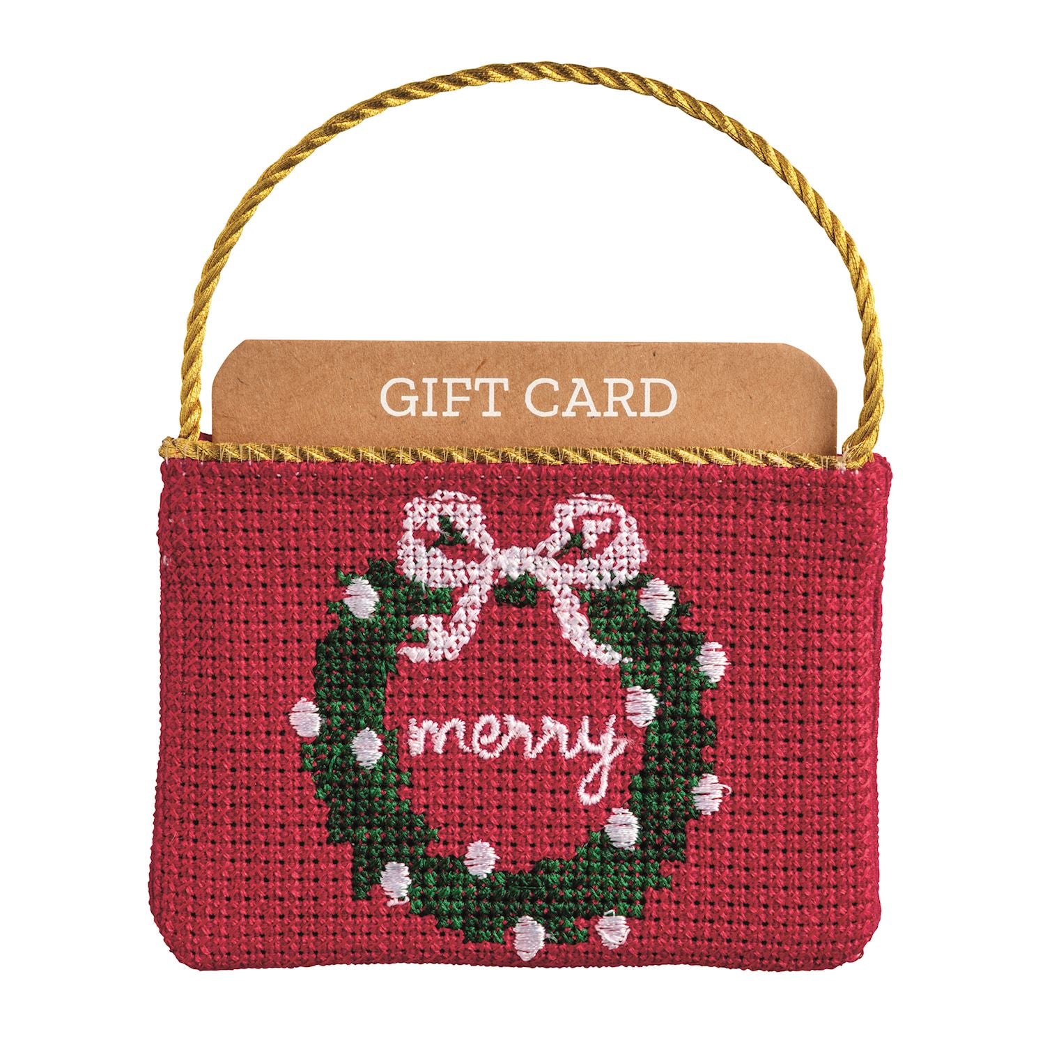 Needlepoint gift card pouch with wreath design