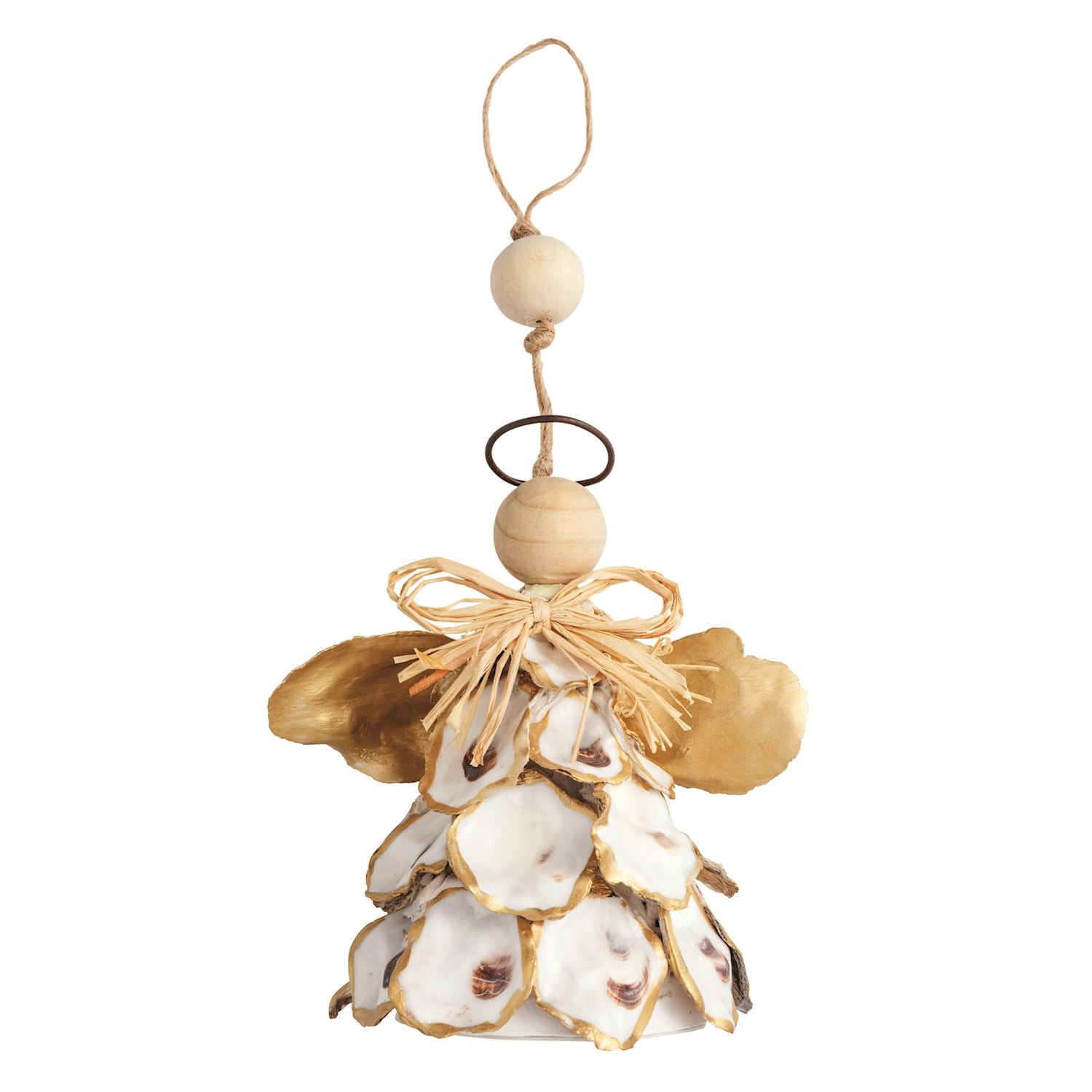 Angel ornament made of oyster shells with gold bow