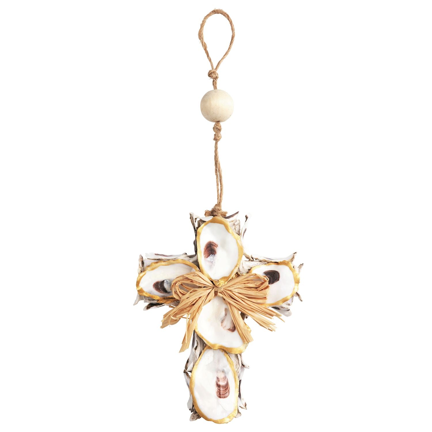Cross ornament made of oyster shells with gold edges
