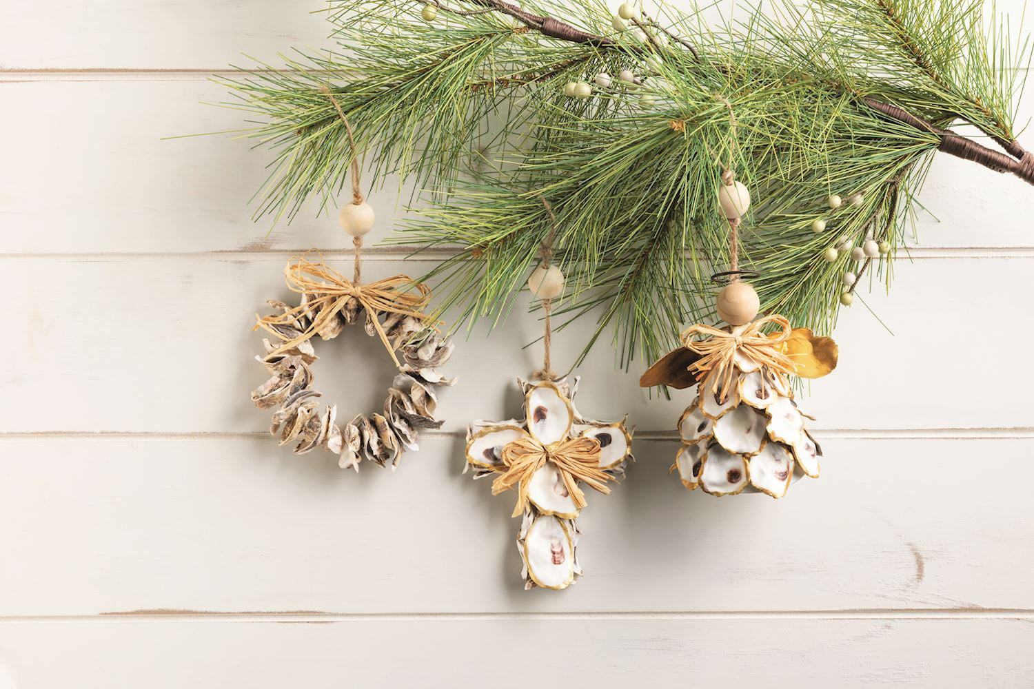 Oyster shell ornaments on a white wood background