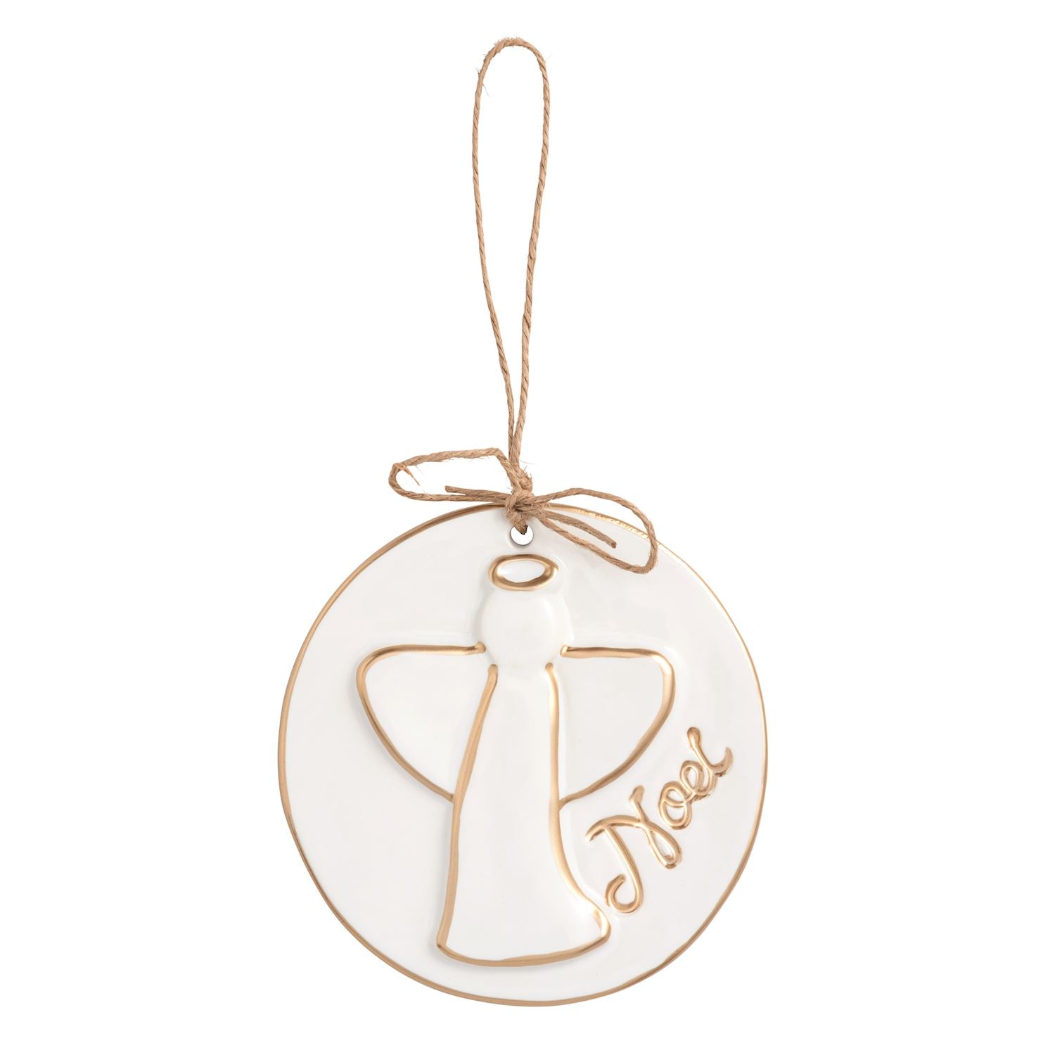 White ceramic disc ornament with a raised gold angel