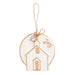 White ceramic disc ornament with a raised gold church