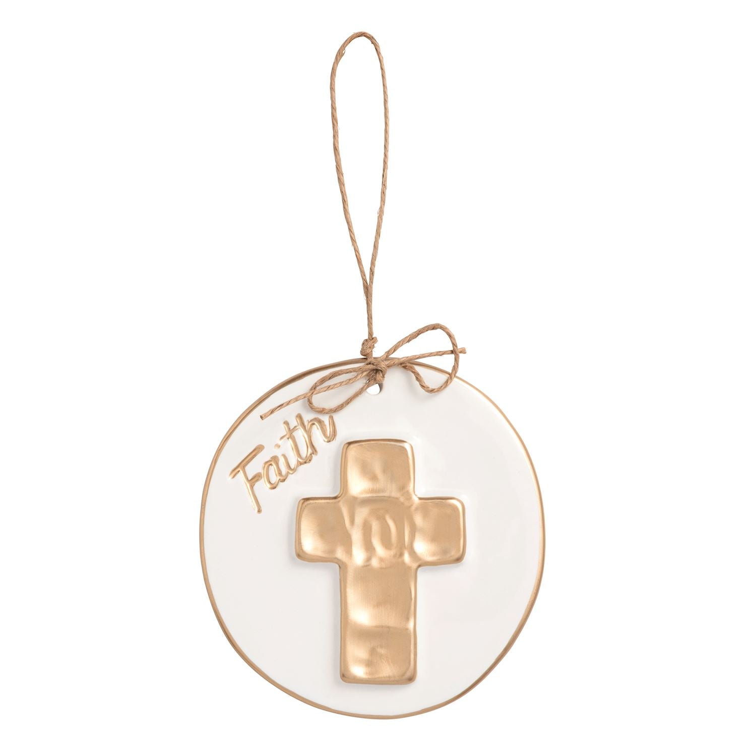 White ceramic disc ornament with a raised gold cross