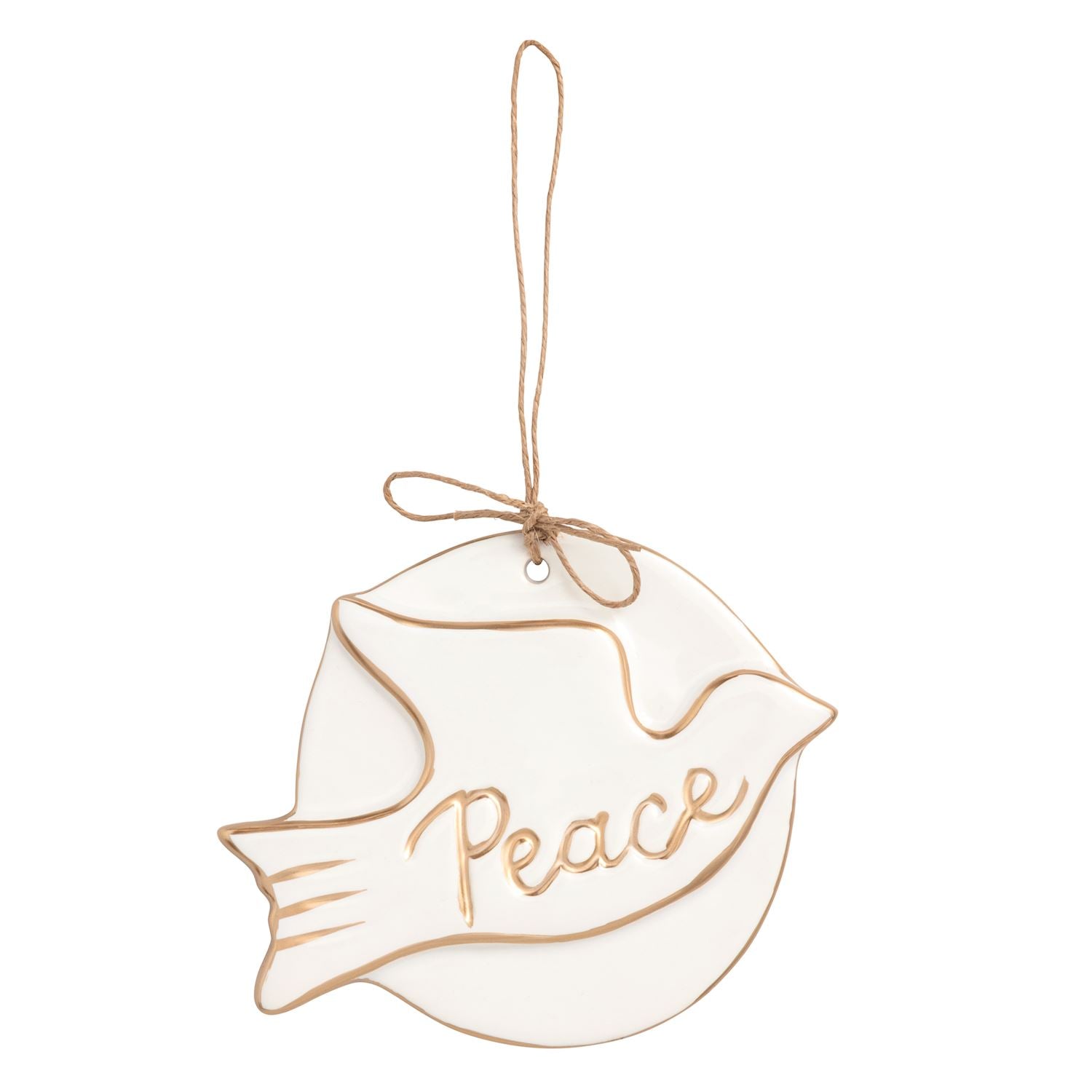 White ceramic disc ornament with a raised gold turtle dove