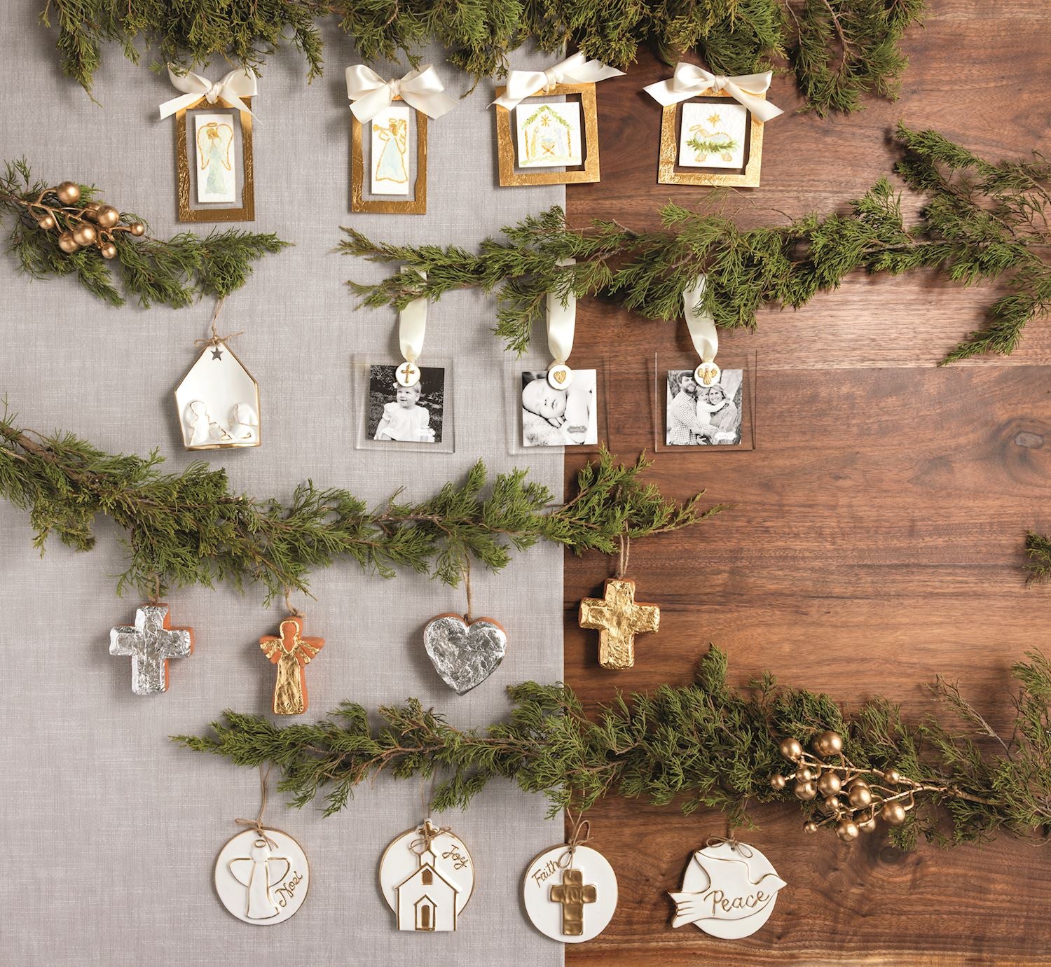 Gold disc ornaments hanging with greenery
