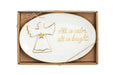 White oval plate with All Is Calm sentiment and gold edge