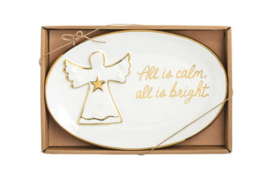 White oval plate with All Is Calm sentiment and gold edge