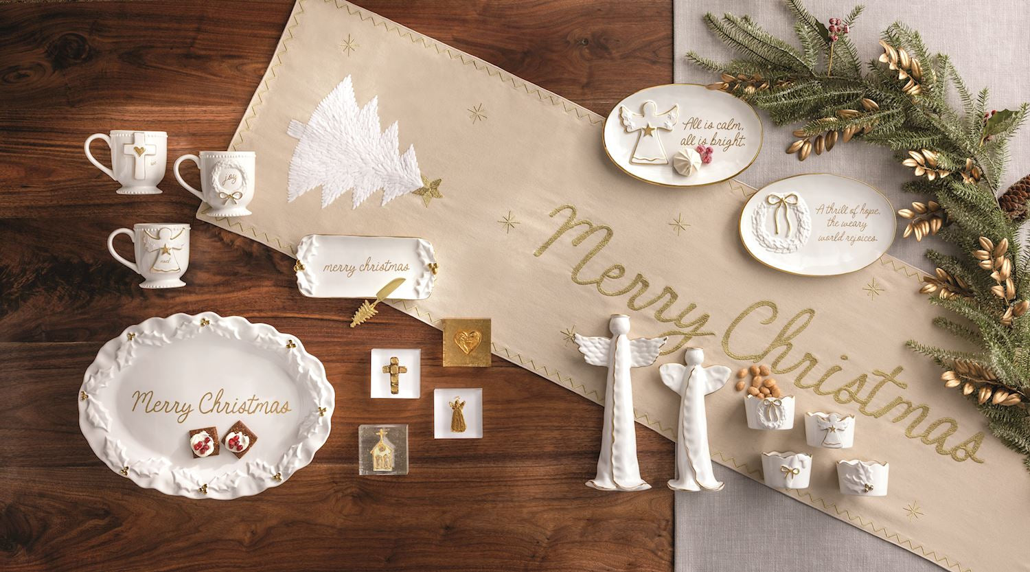 Gold edge sentiment plates displayed with greenery