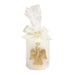 White pillar candle with a gold angel, wrapped in cello with a bow