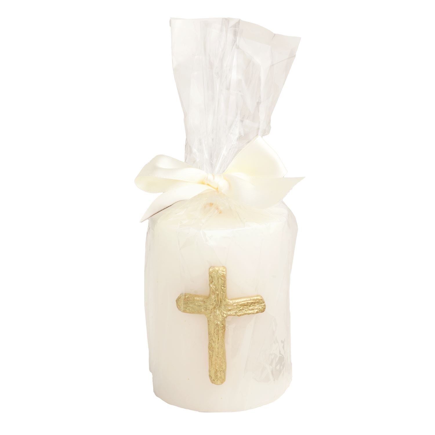 White pillar candle with a gold cross, wrapped in cello with a bow