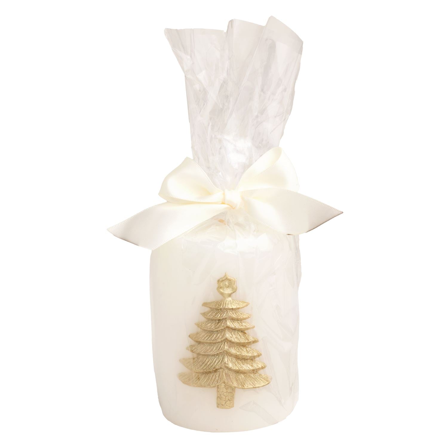 White pillar candle with a gold tree, wrapped in cello with a bow