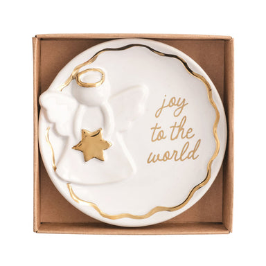 Round white trinket dish with a gold angel