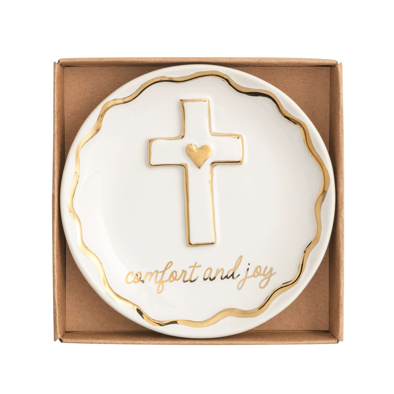 Round white trinket dish with a gold cross