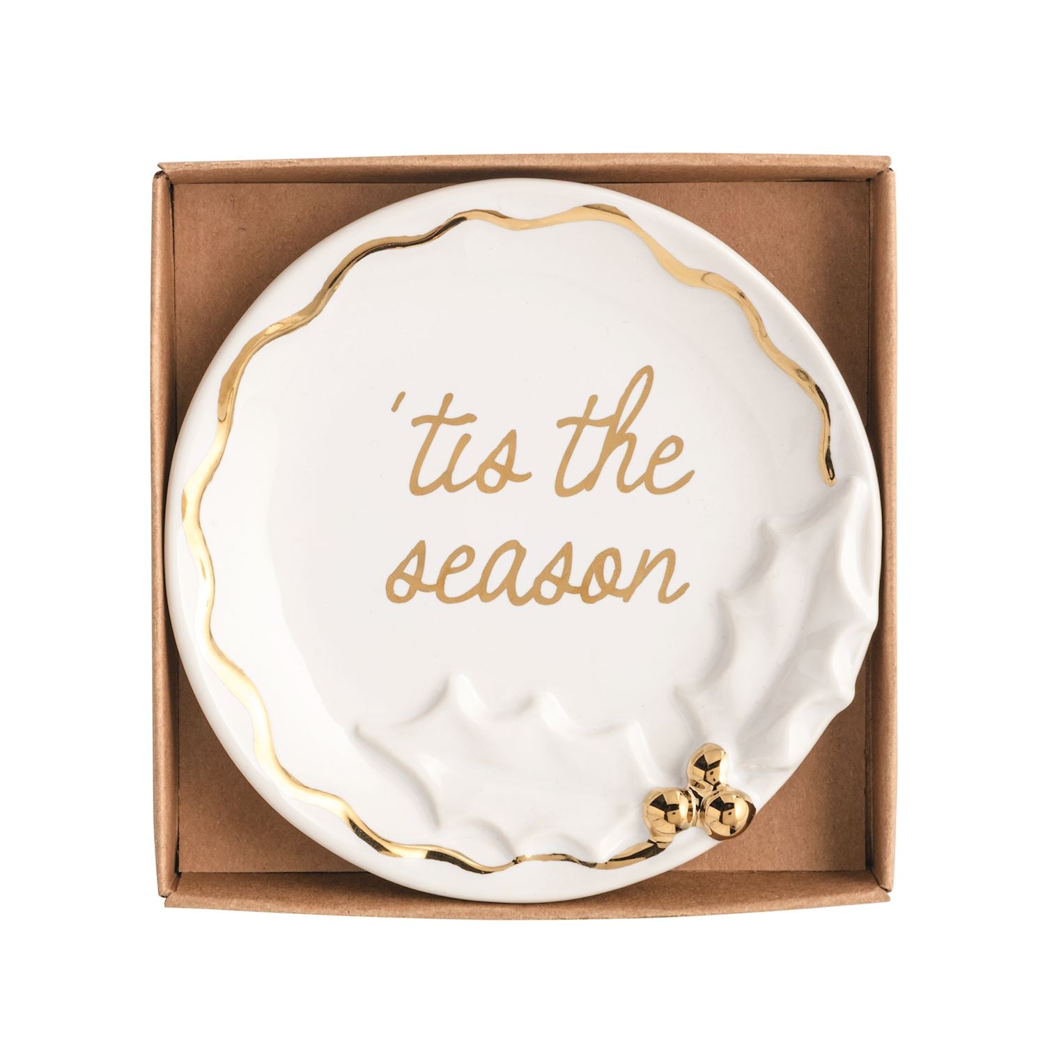 Round white trinket dish with gold holly