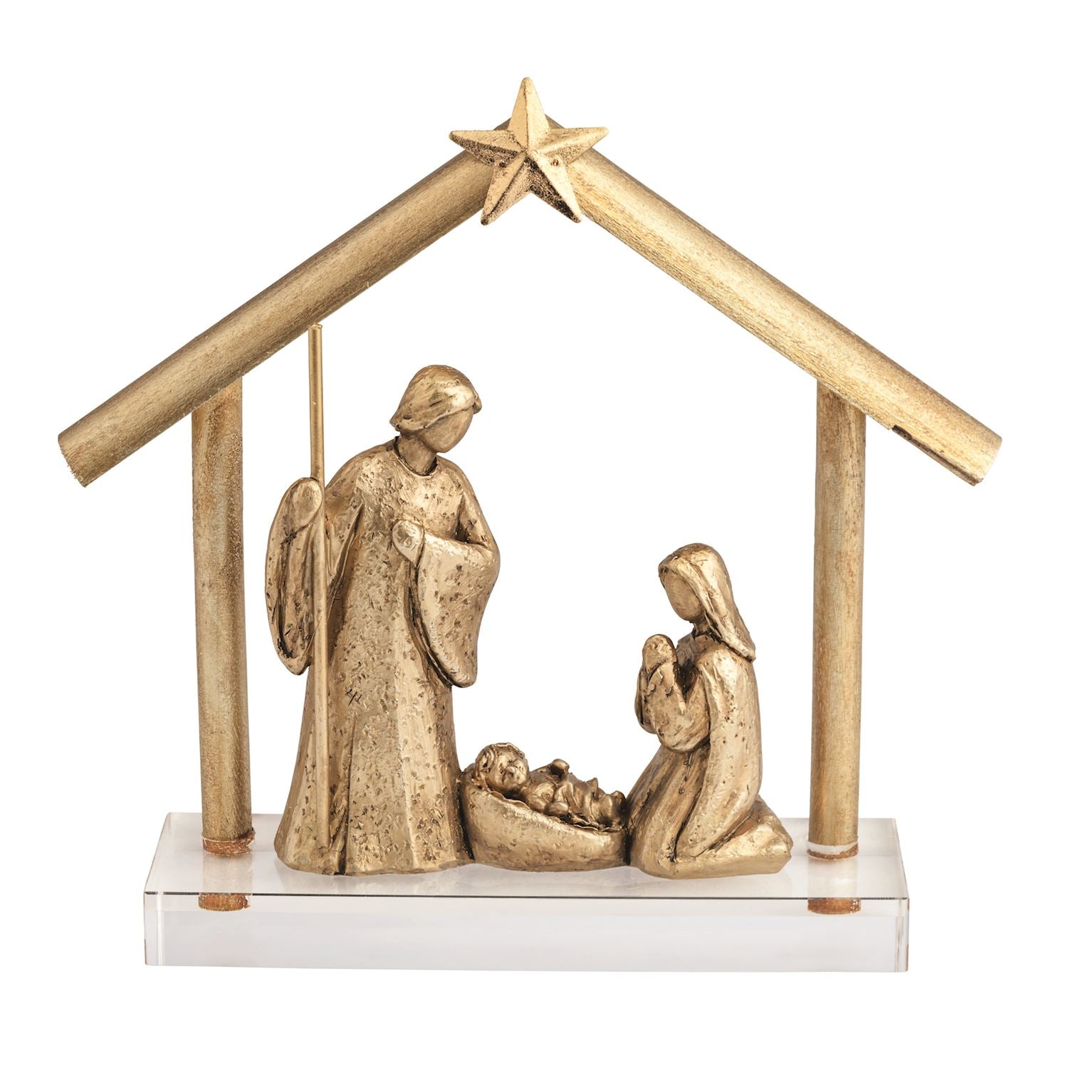 Gold and cream Nativity scene on a clear acrylic base