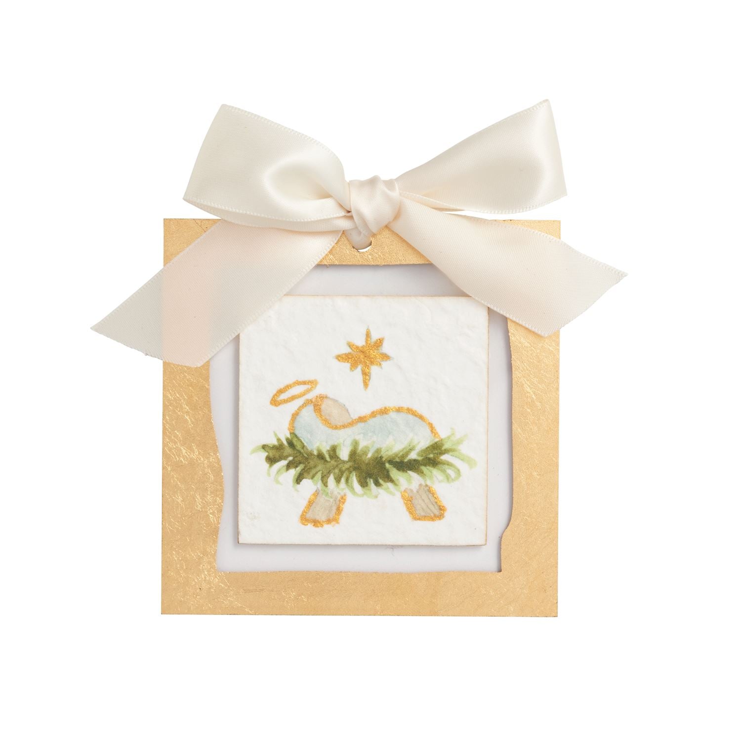 Square acrylic ornament with gold Baby Jesus artwork and cream bow
