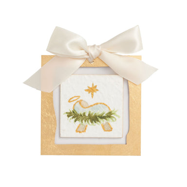 Square acrylic ornament with gold Baby Jesus artwork and cream bow