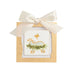 Square acrylic ornament with gold Baby Jesus artwork and cream bow