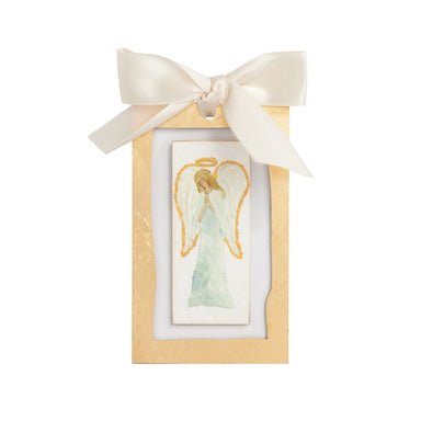 Acrylic ornament with a gold front facing angel and cream bow