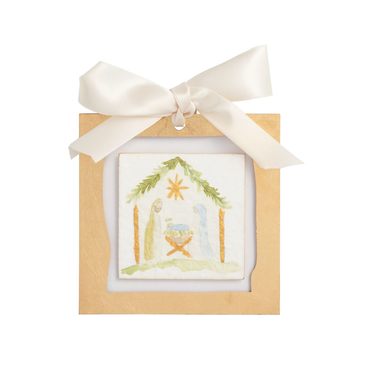 Square acrylic ornament with gold Nativity artwork and cream bow