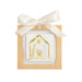 Square acrylic ornament with gold Nativity artwork and cream bow