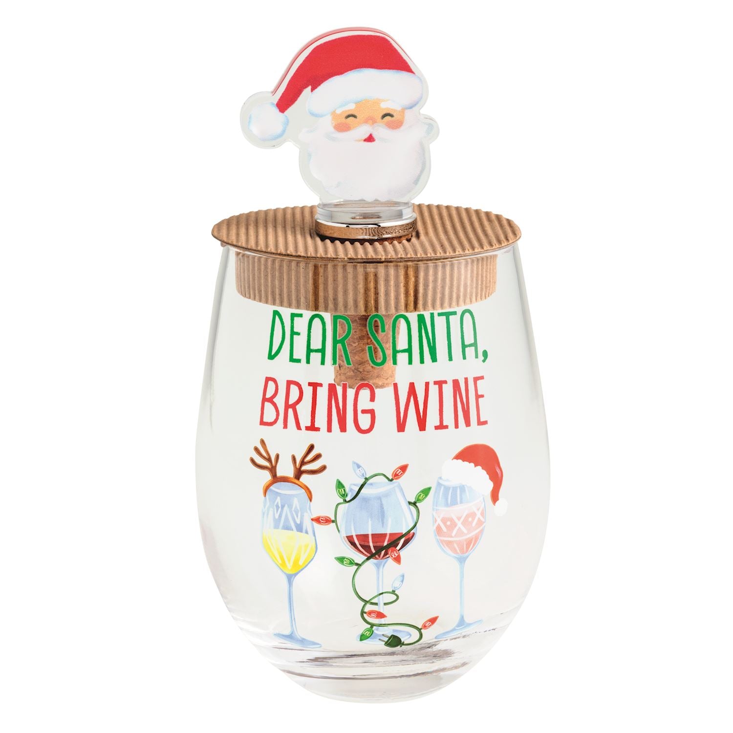Stemless wine glass with holiday saying and Santa bottle stopper