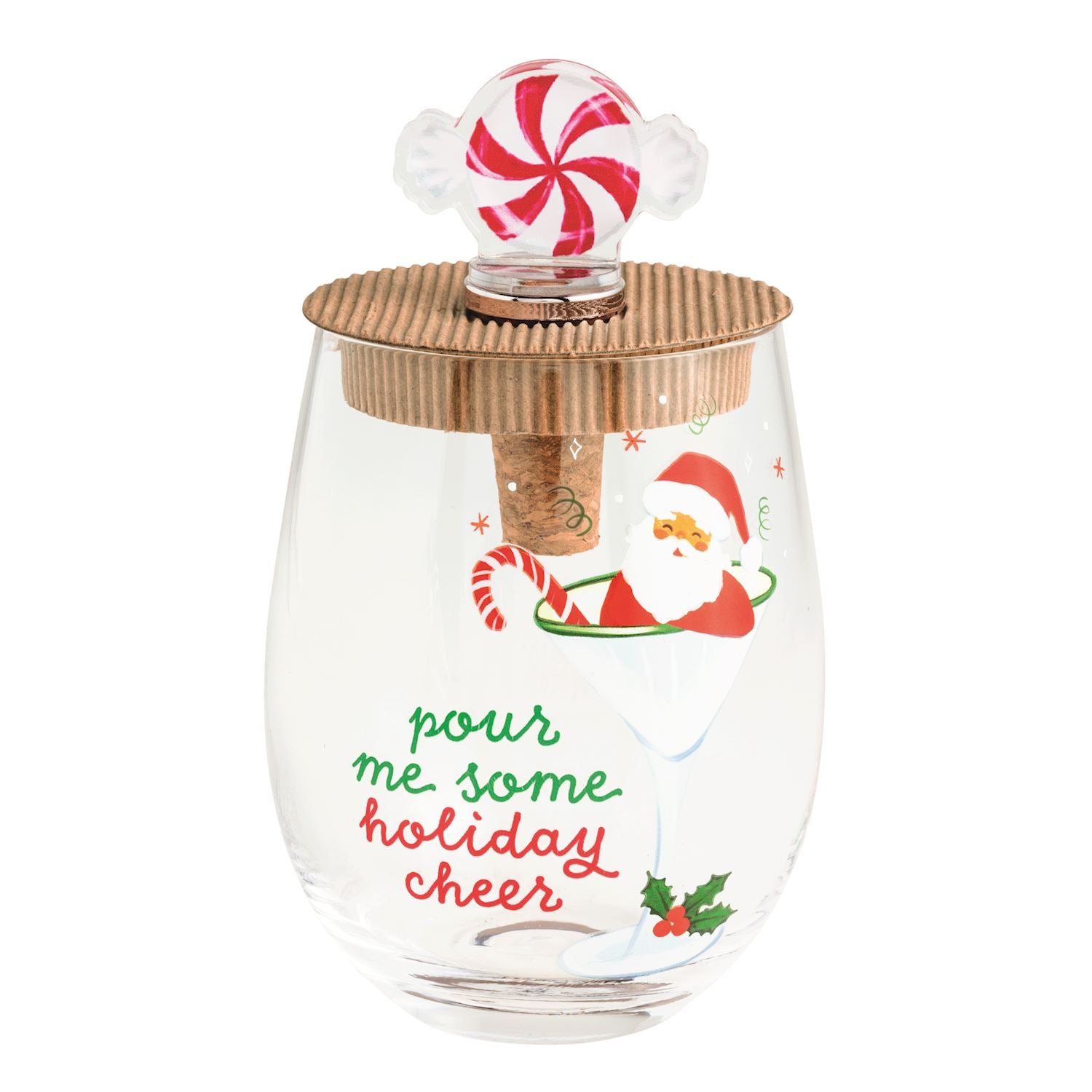 Stemless wine glass with Holiday Cheer saying and peppermint stopper