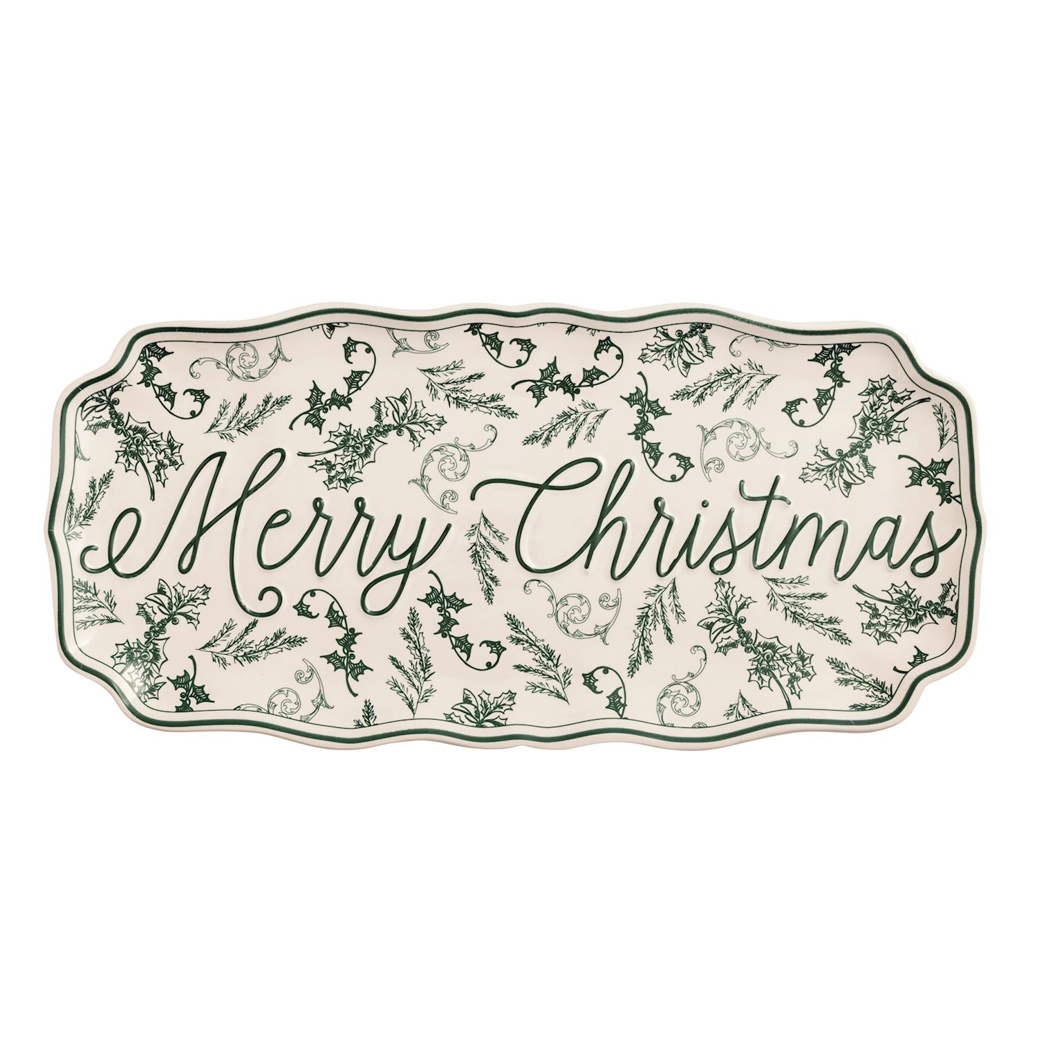 Long stoneware tray with green toile pattern and Merry Christmas script