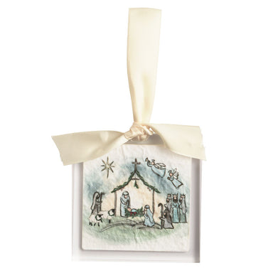 Square acrylic ornament with manger artwork and cream ribbon
