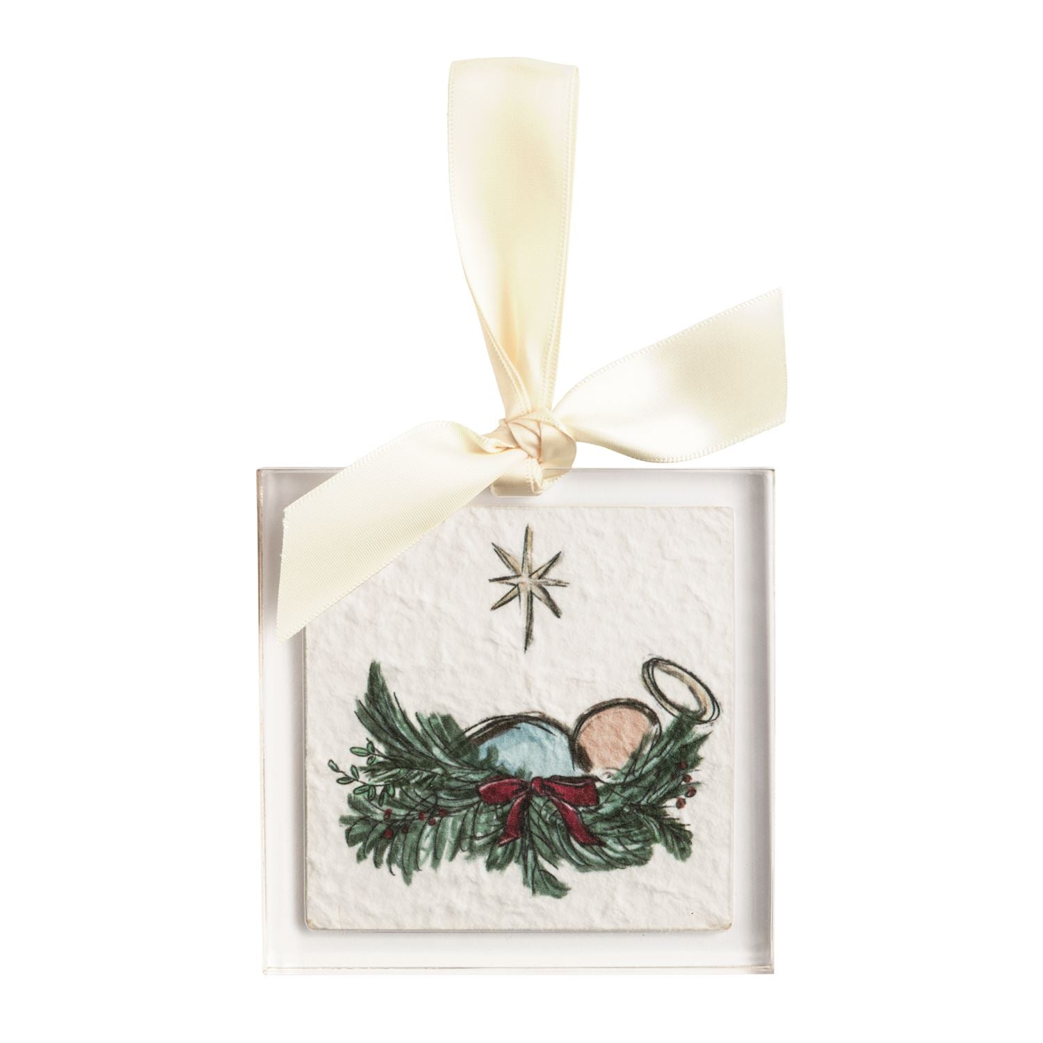 Square acrylic ornament with Nativity artwork and cream ribbon