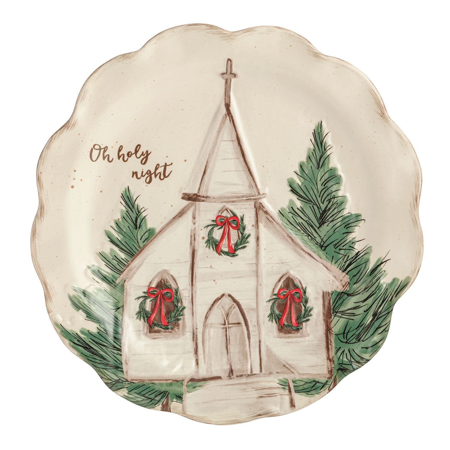 Round scalloped platter with a raised church and trees design
