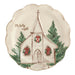Round scalloped platter with a raised church and trees design
