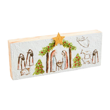 Rectangular wood plaque with a hand-painted Nativity scene