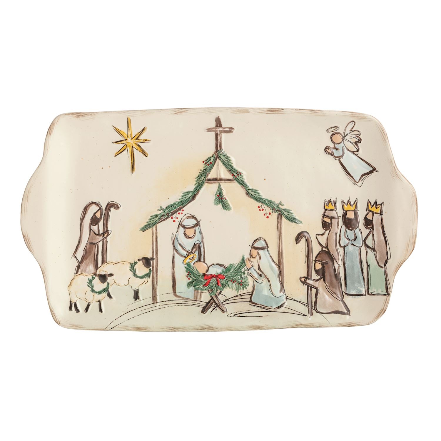 Rectangular stoneware platter with a hand-painted Nativity scene