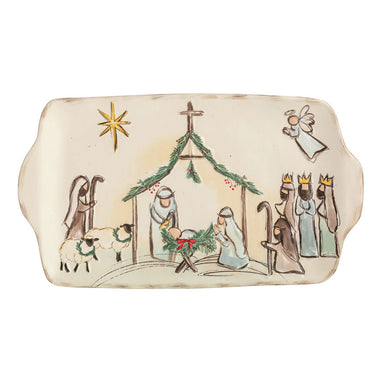 Rectangular stoneware platter with a hand-painted Nativity scene