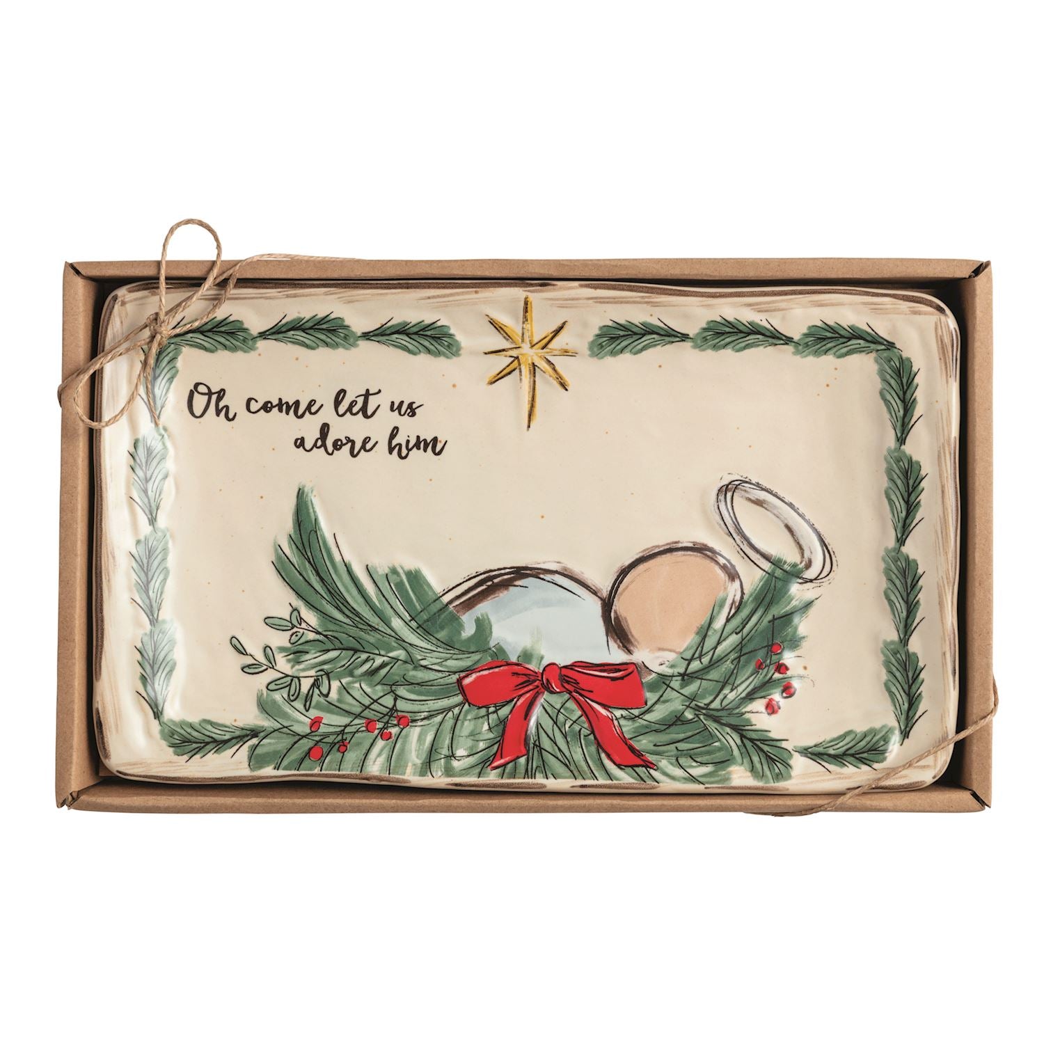 Rectangular stoneware tray with hand-painted Nativity and sentiment
