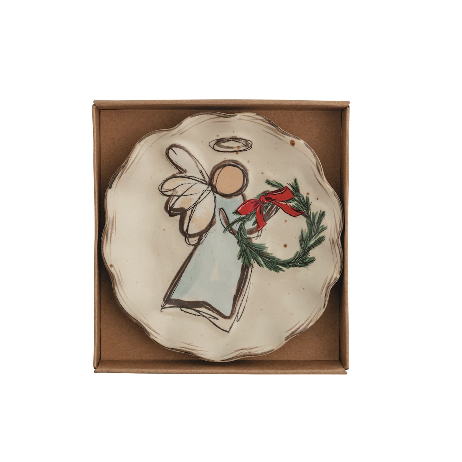 Scalloped tidbit plate with a hand-painted angel