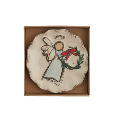 Scalloped tidbit plate with a hand-painted angel