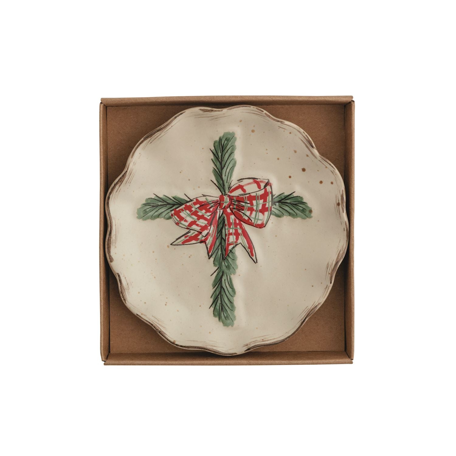 Scalloped tidbit plate with a hand-painted cross