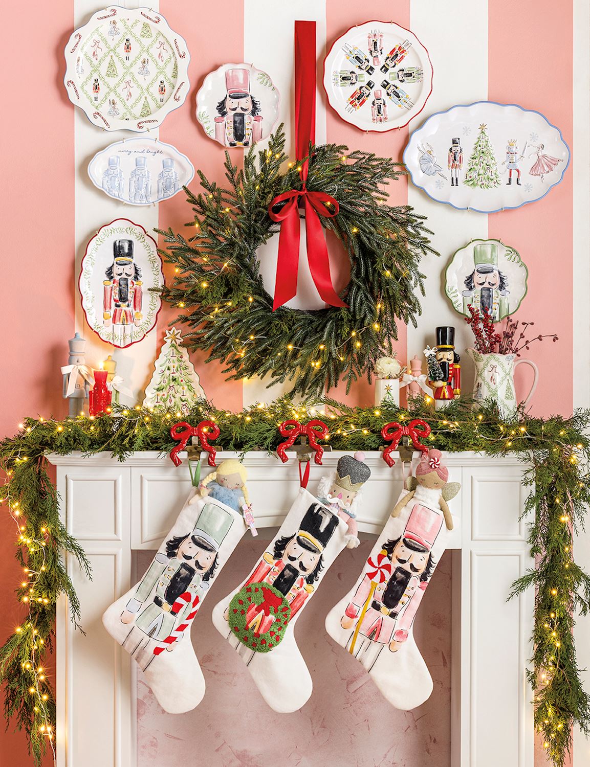 Nutcracker platter displayed near a mantel with stockings