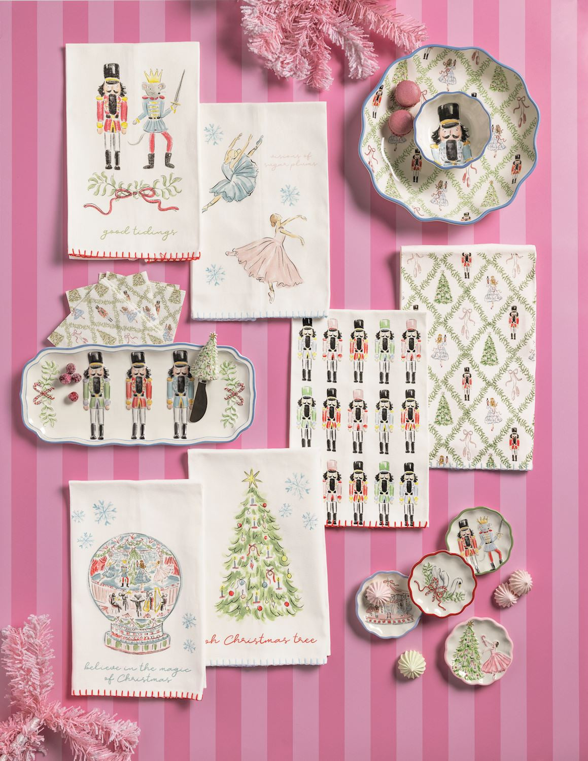 Nutcracker towels on a pink striped background
