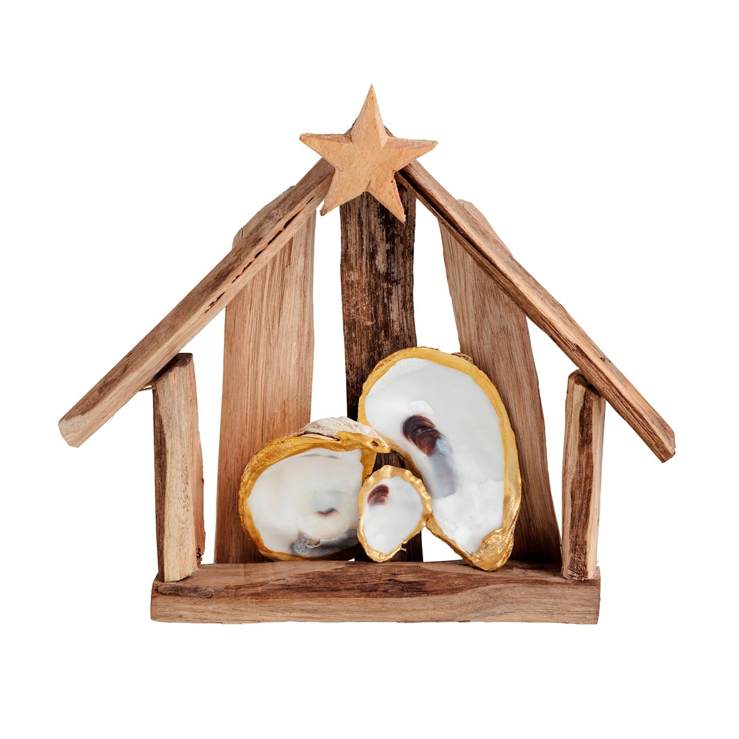 Driftwood barn Nativity with oyster shell Mary, Joseph and baby Jesus