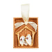 Clear acrylic ornament with an oyster shell Nativity scene and ribbon