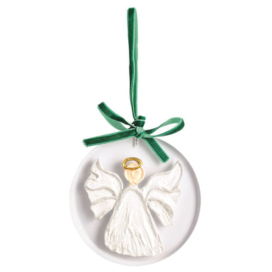 Round acrylic ornament with a painted angel and green velvet bow