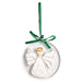 Round acrylic ornament with a painted angel and green velvet bow