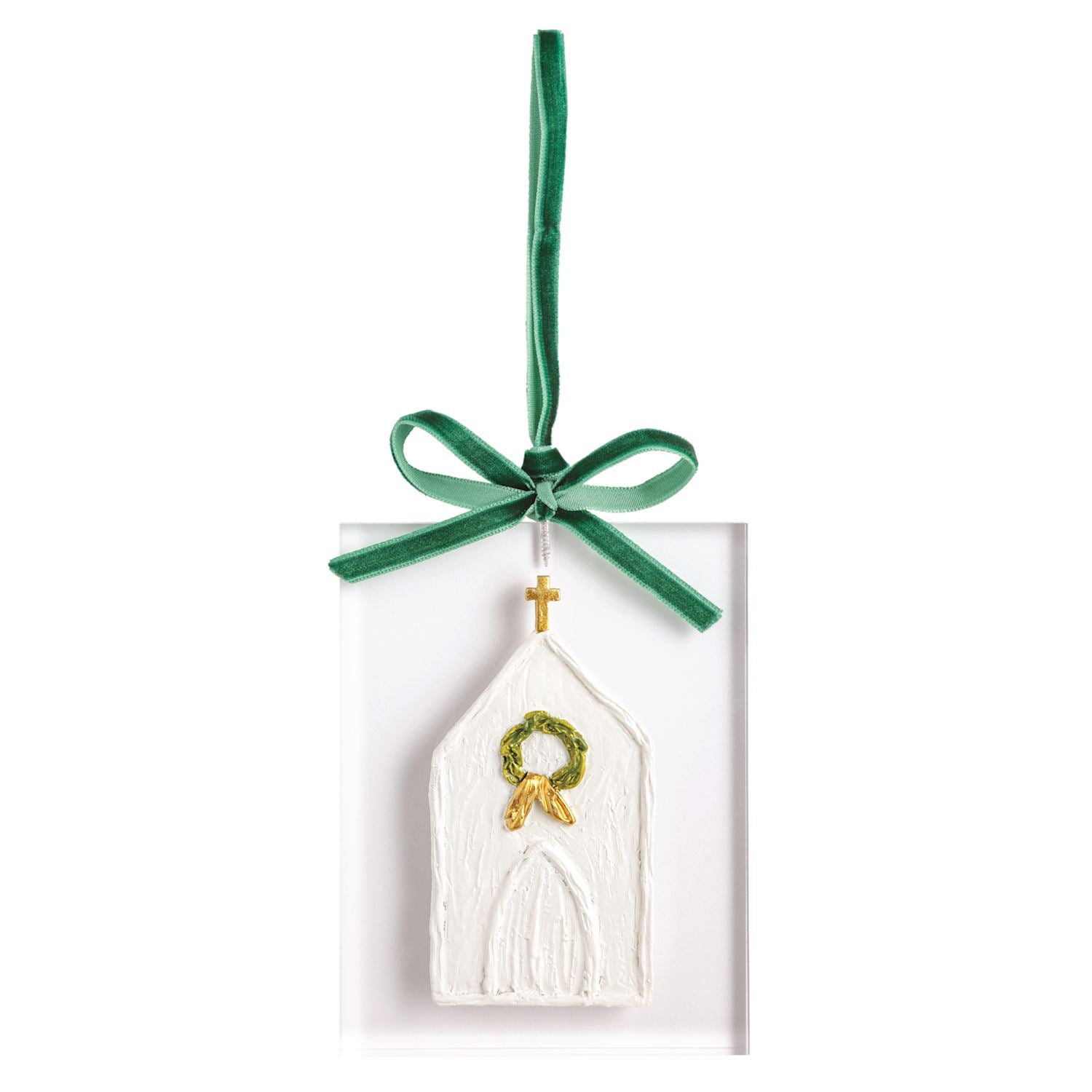 Acrylic ornament with a painted church and green velvet bow